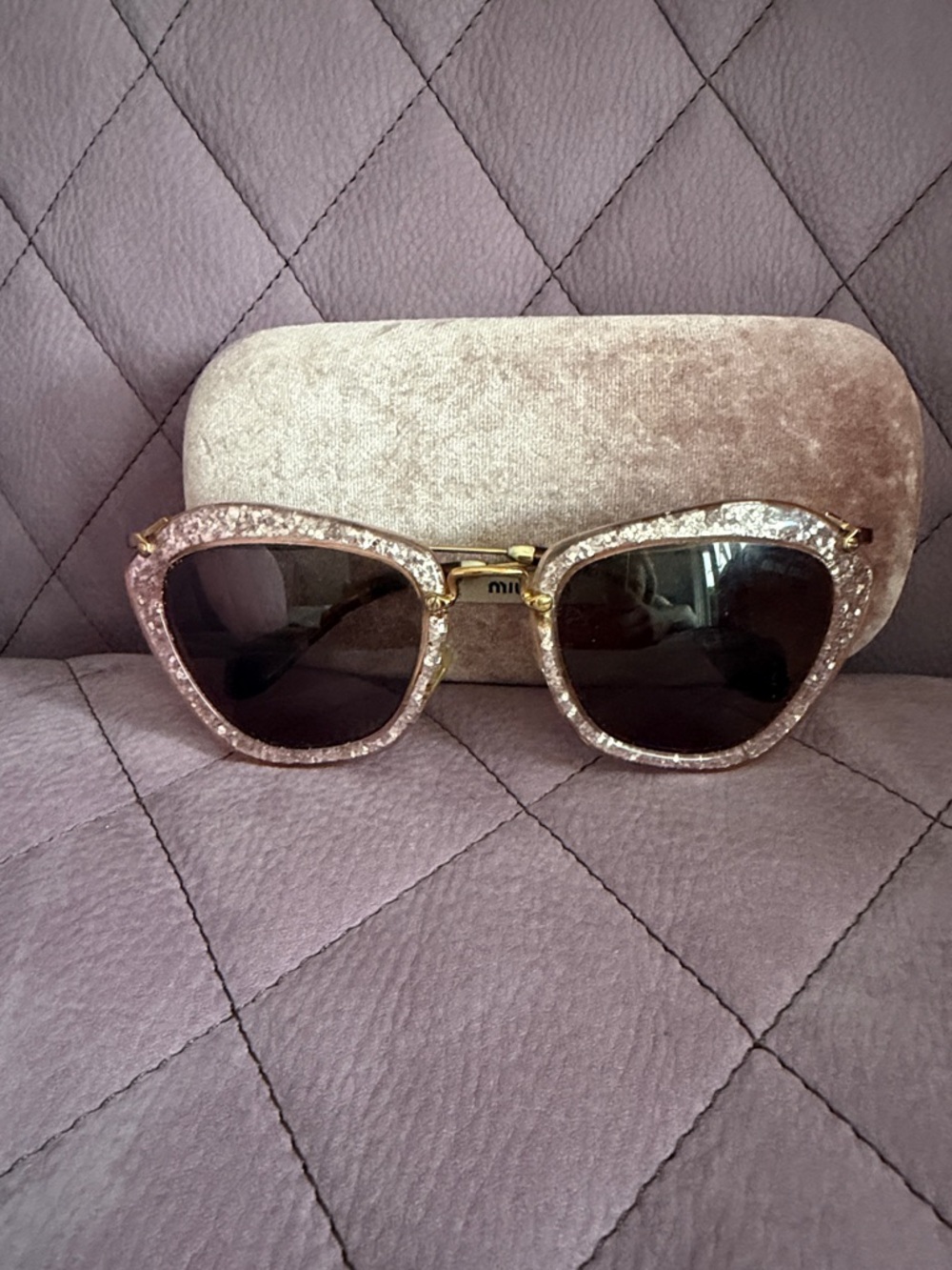 Miu Miu Pink Glitter Cat-Eye Sunglasses with Gold Temples